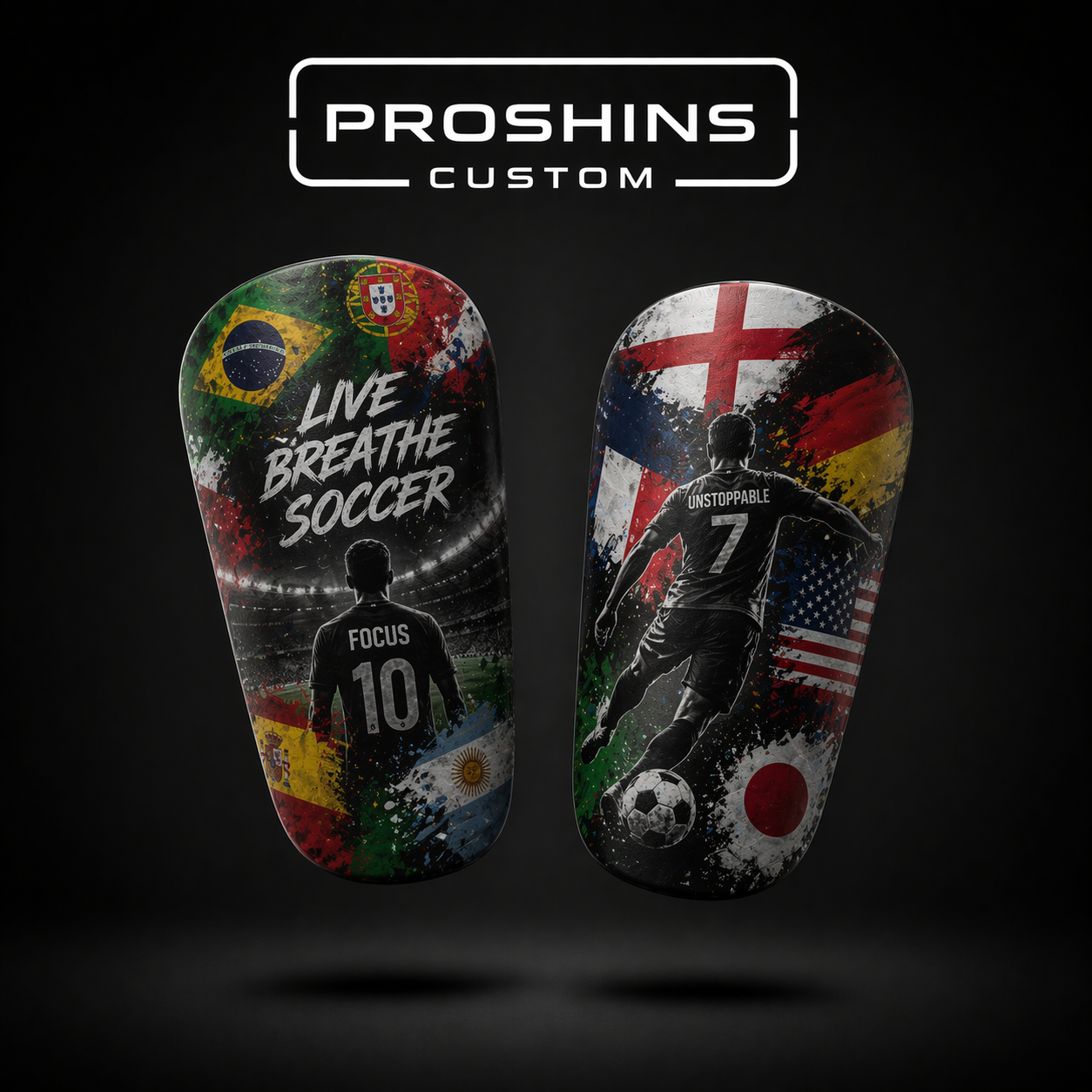Two soccer-themed shin guards with motivational phrases and world flags on a black background, branded 'Proshins Custom'.